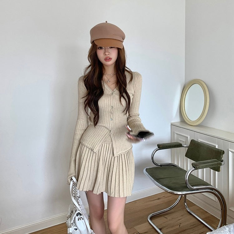 Knit Button-Up Sweater Pleated Skirt Set