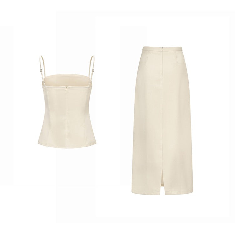 White Satin Camisole Maxi A-Line Skirt Set