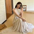 Beige Pleated Maxi Halter Dress