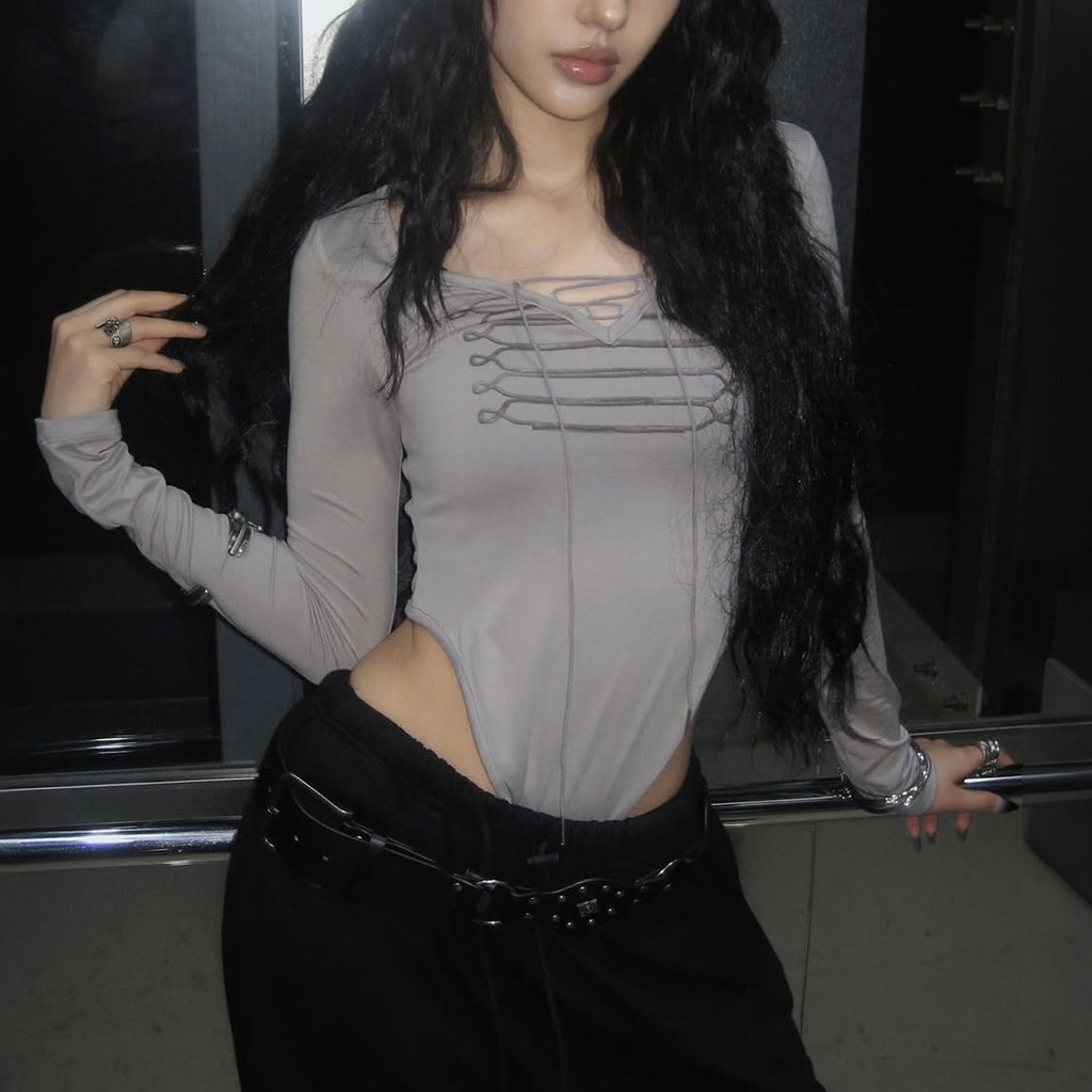 String Lace-Up Long Sleeve Bodysuit