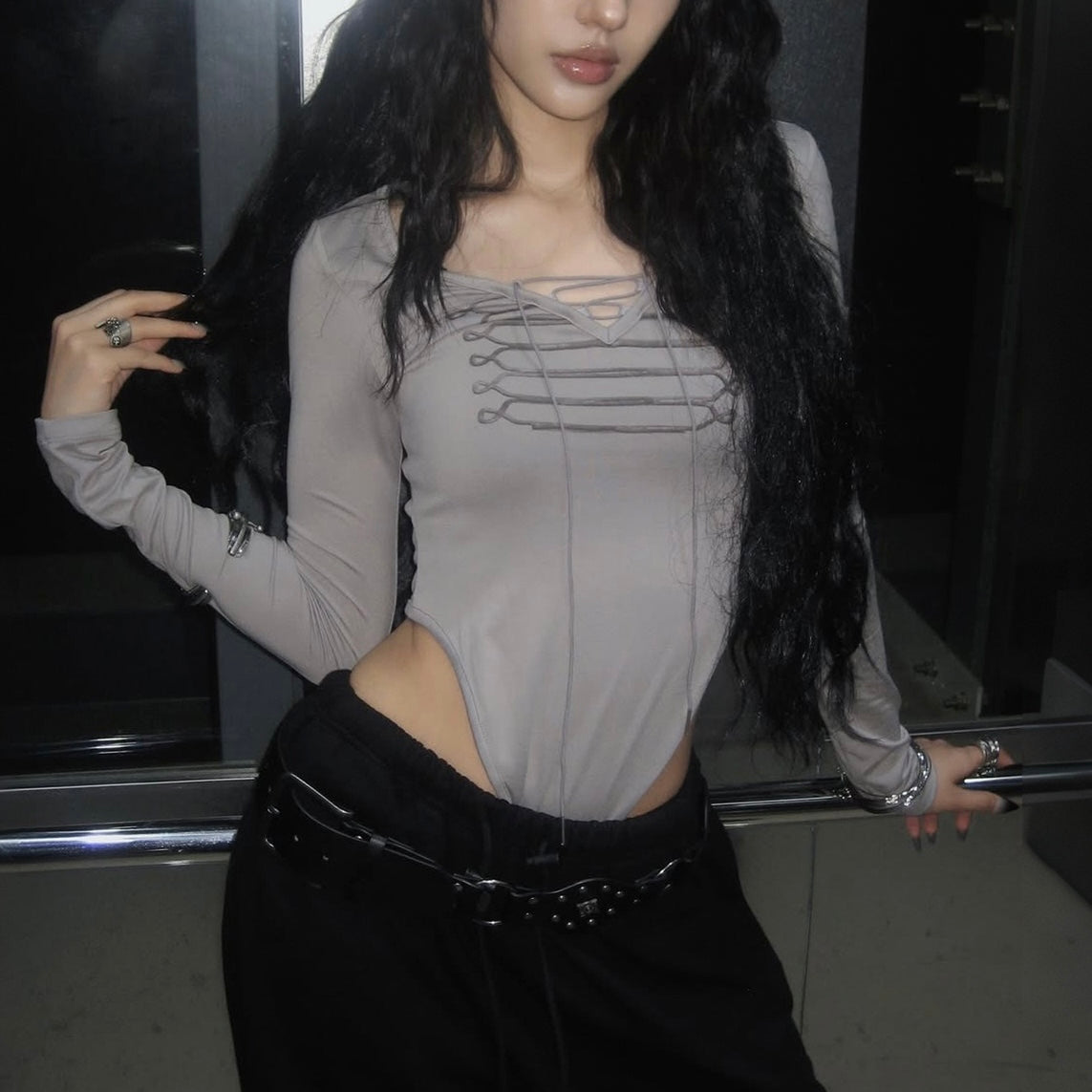 String Lace-Up Long Sleeve Bodysuit