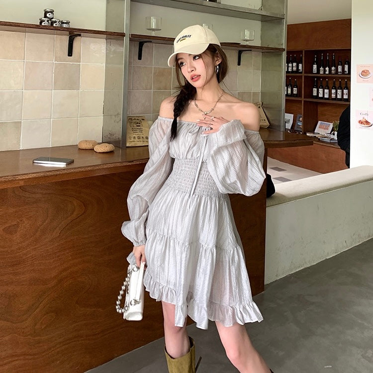 Grey Puff-Sleeve Boho Ruffle Dress