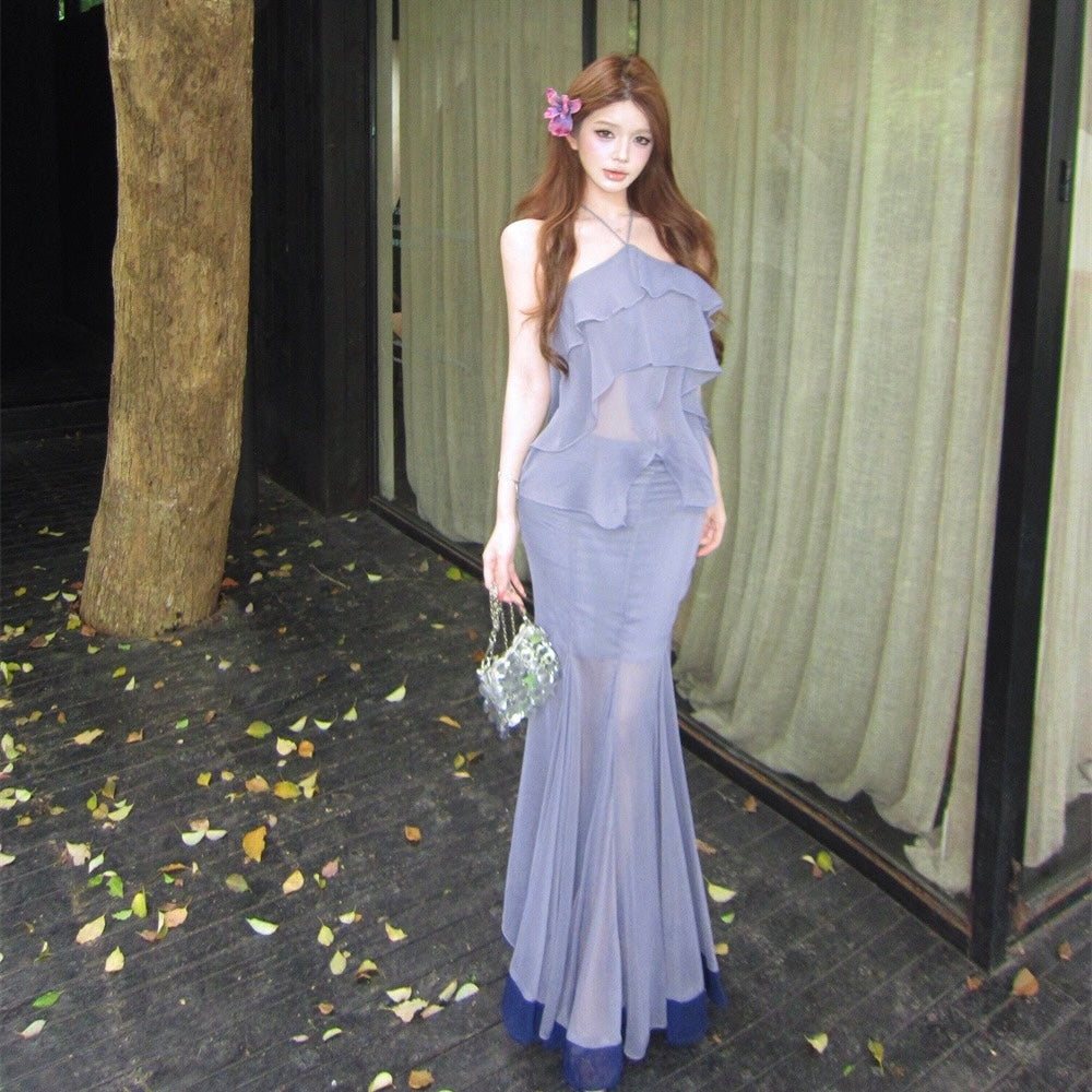 Purple Ruffle Halter Maxi Set