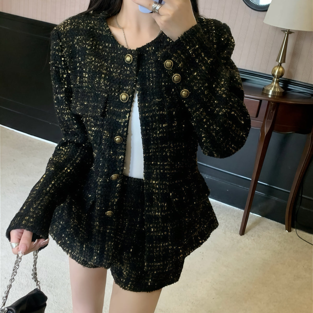 Black Tweed Gold Accent Blazer Skirt Set