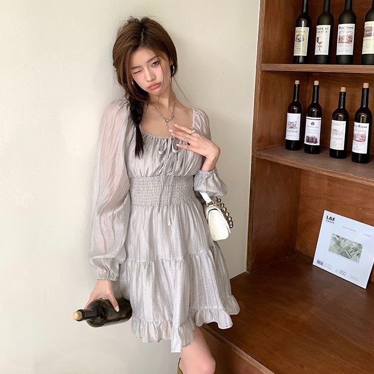 Grey Puff-Sleeve Boho Ruffle Dress