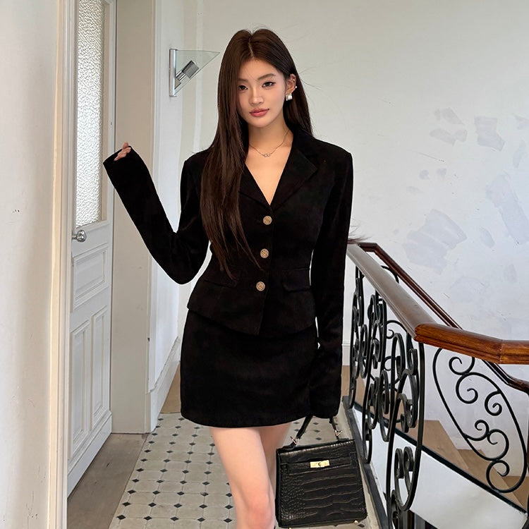 Gold Button Ribbed Fabric Blazer Skirt Set