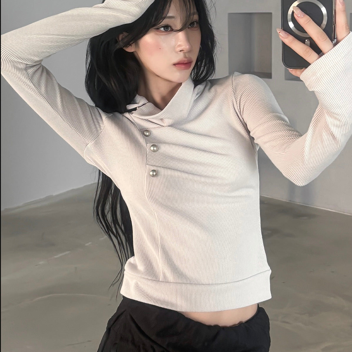 Knit White Turtle Neck Side Button Top