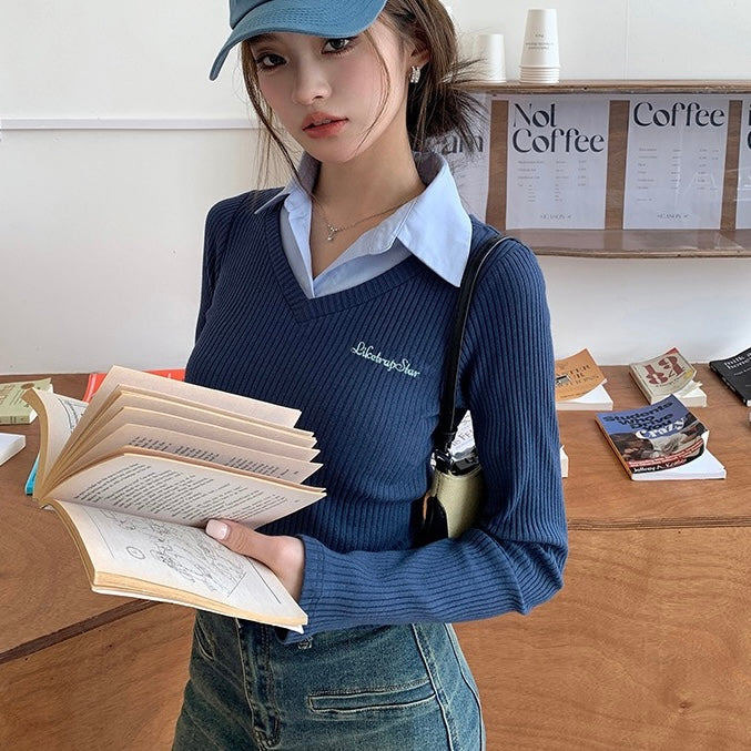 Blue Knit Inner Collar Sweater