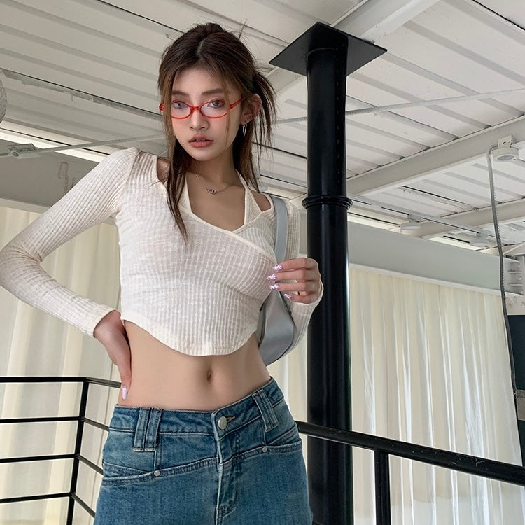 Beige Knit Mock Two-Piece Top