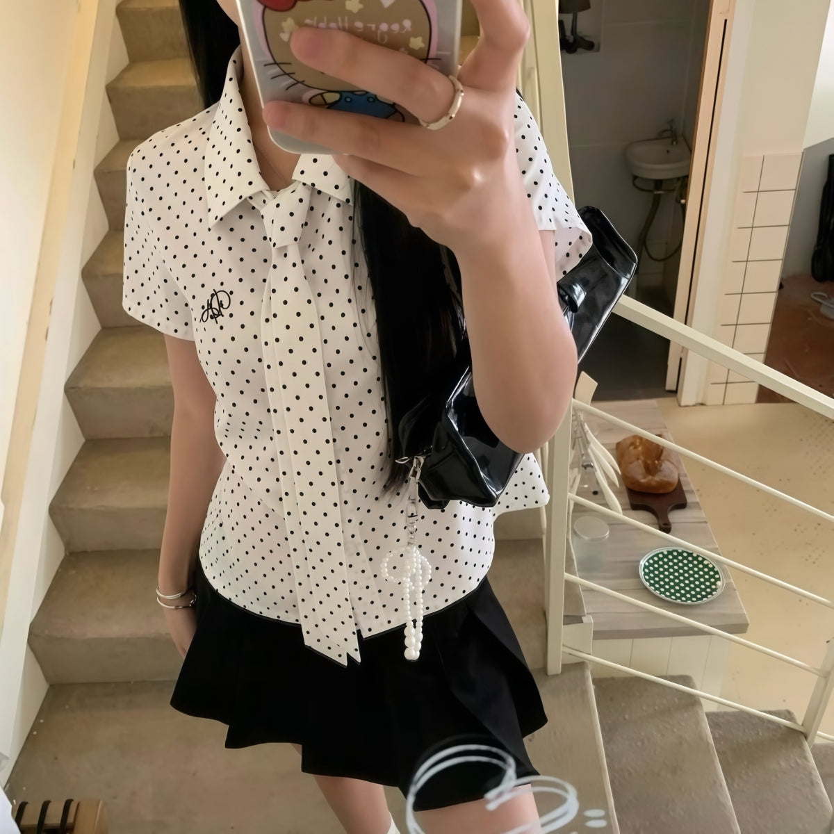 White Dot Neck-Tie Top