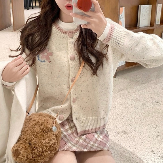Flower Pink Hem Button Cardigan