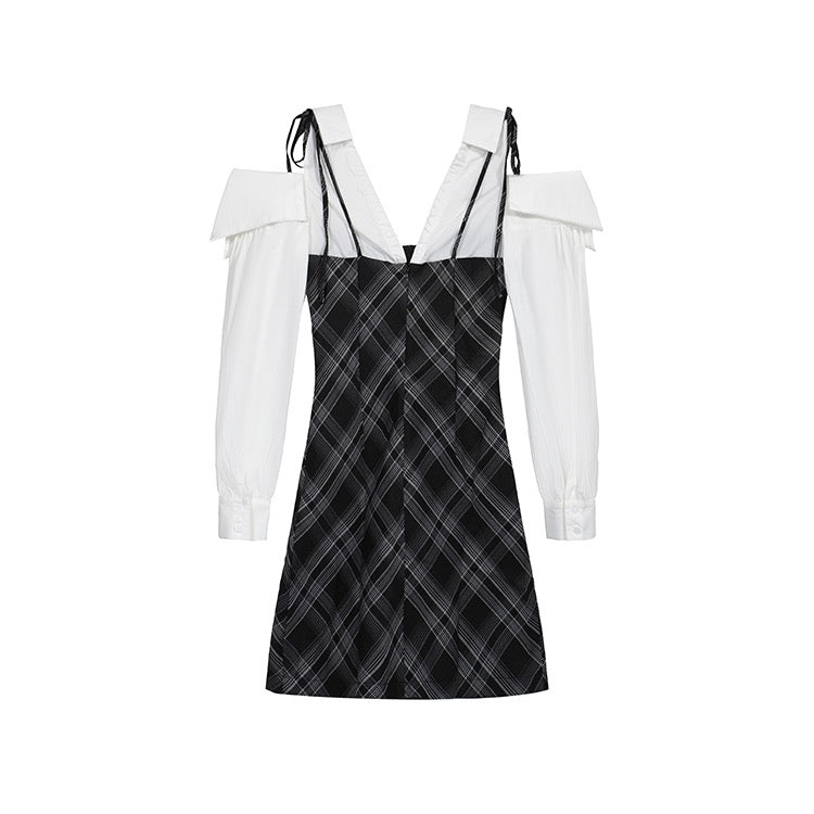 Layered Grey Plaid White Sleeve Dress