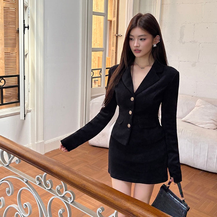 Gold Button Ribbed Fabric Blazer Skirt Set