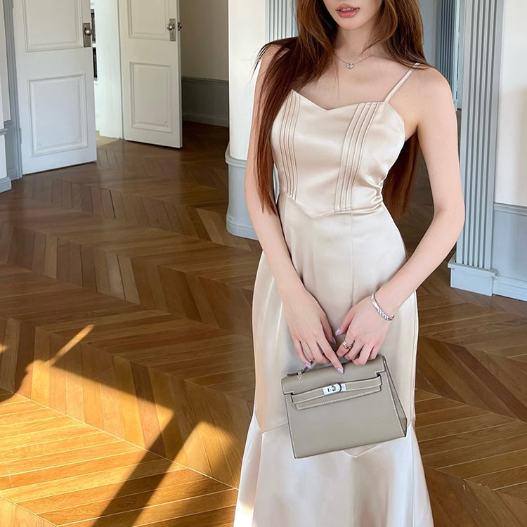 Champagne Satin Long Front Wrap Dress