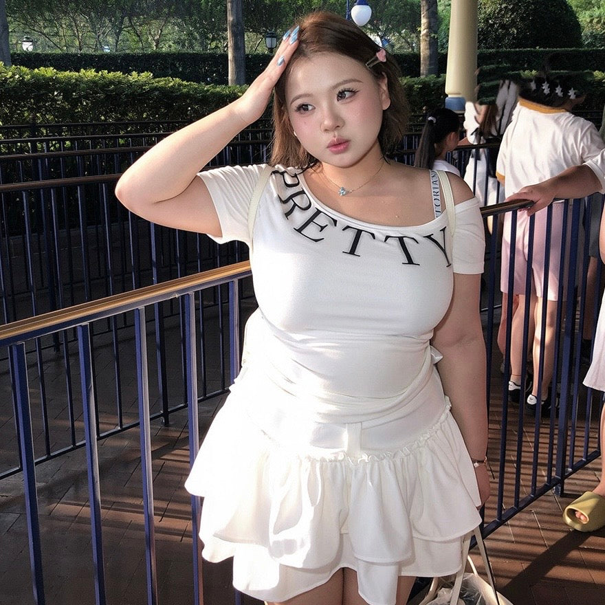Pretty Single Off Shoulder Top Ruffle Skirt Set