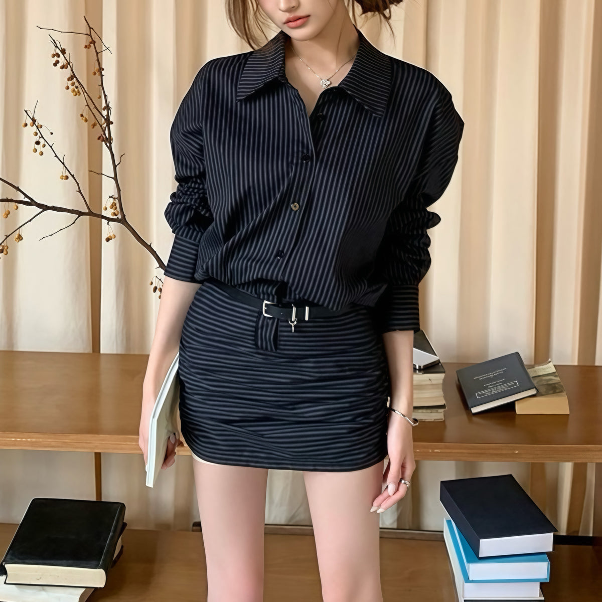 Black Line Shirt Belt Skirt Set