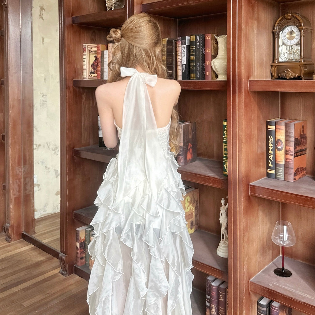 White Ruffle Back Ribbon Gown