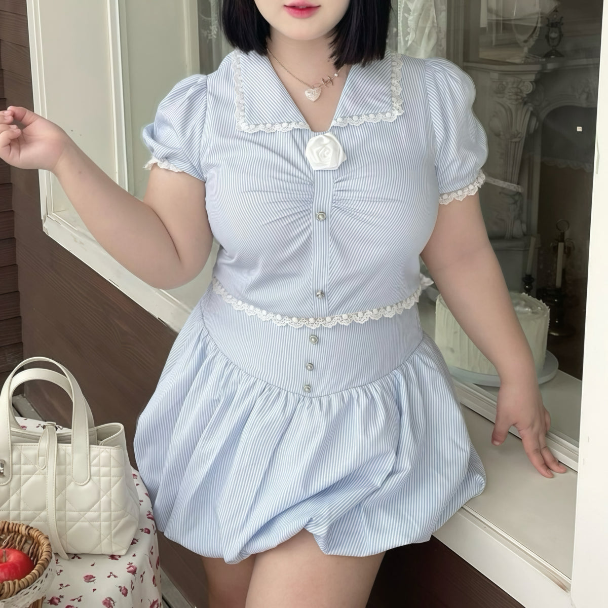 Blue Lined Lace Collar Bubble Dress