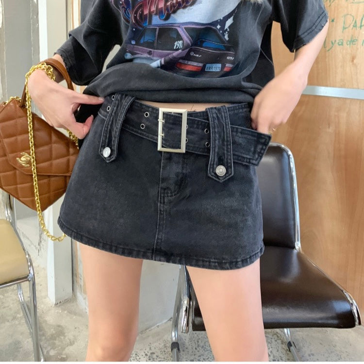 Black Buckle Belt Denim Mini Skirt