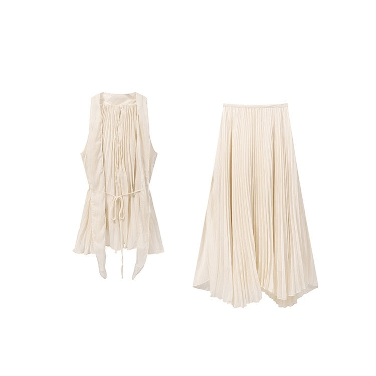 Beige Pleated Maxi Halter Dress