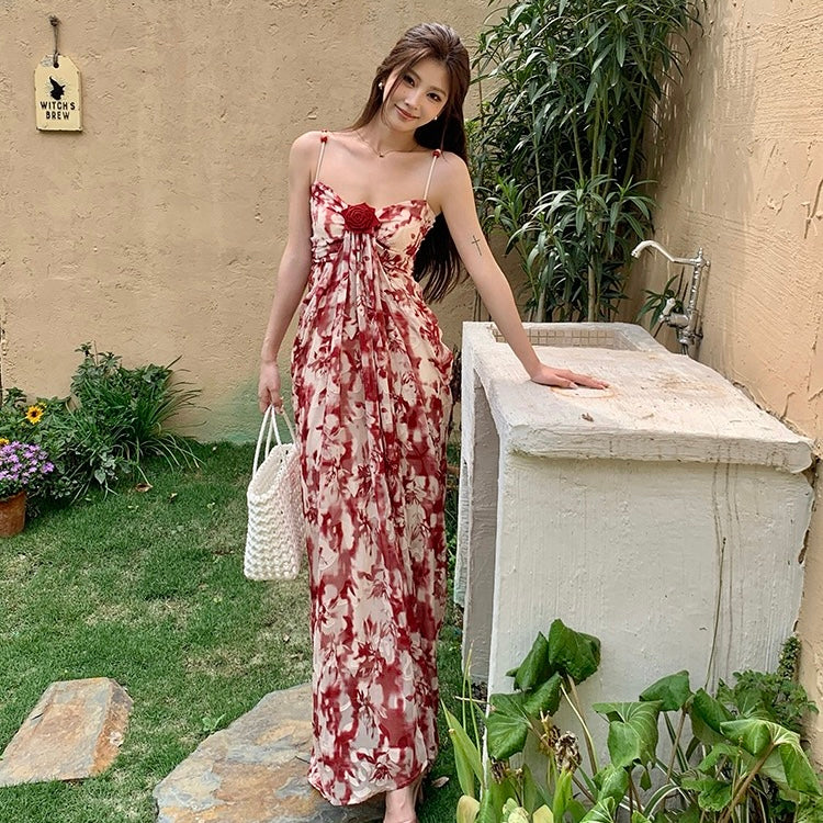 Red Rose Floral Print Maxi Dress
