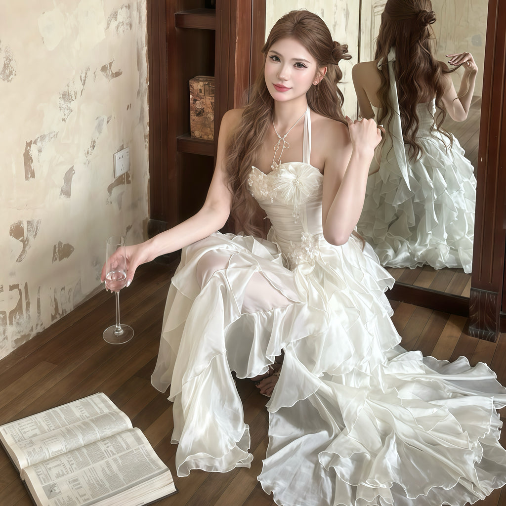 White Ruffle Back Ribbon Gown