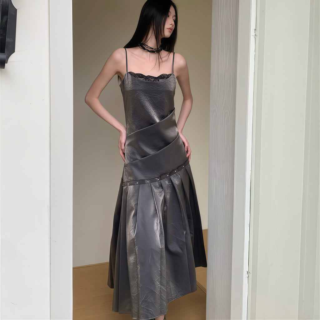 Gothic Charcoal Slip Pleated Long Dress