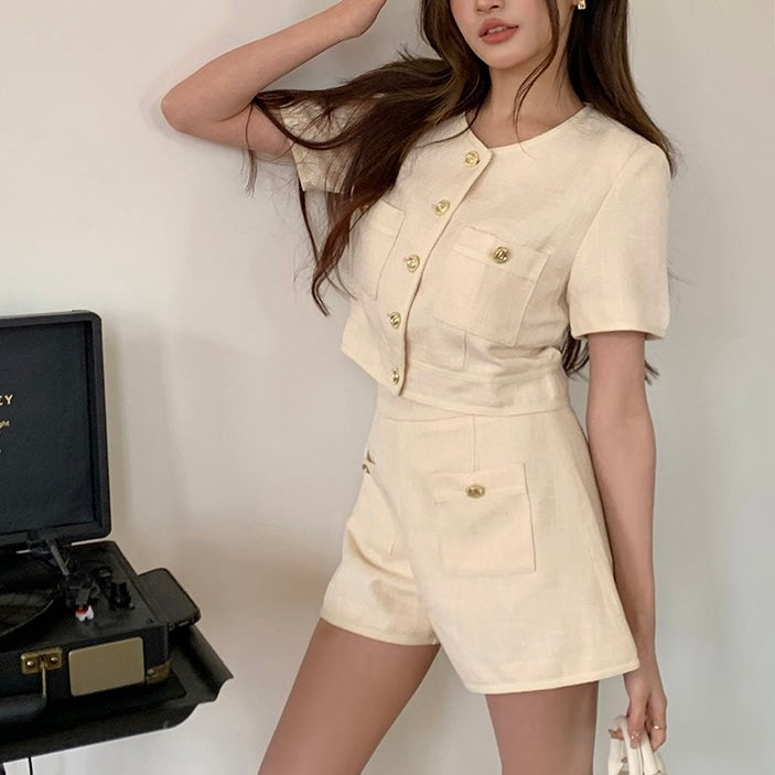Beige Gold Button Top Shorts Set