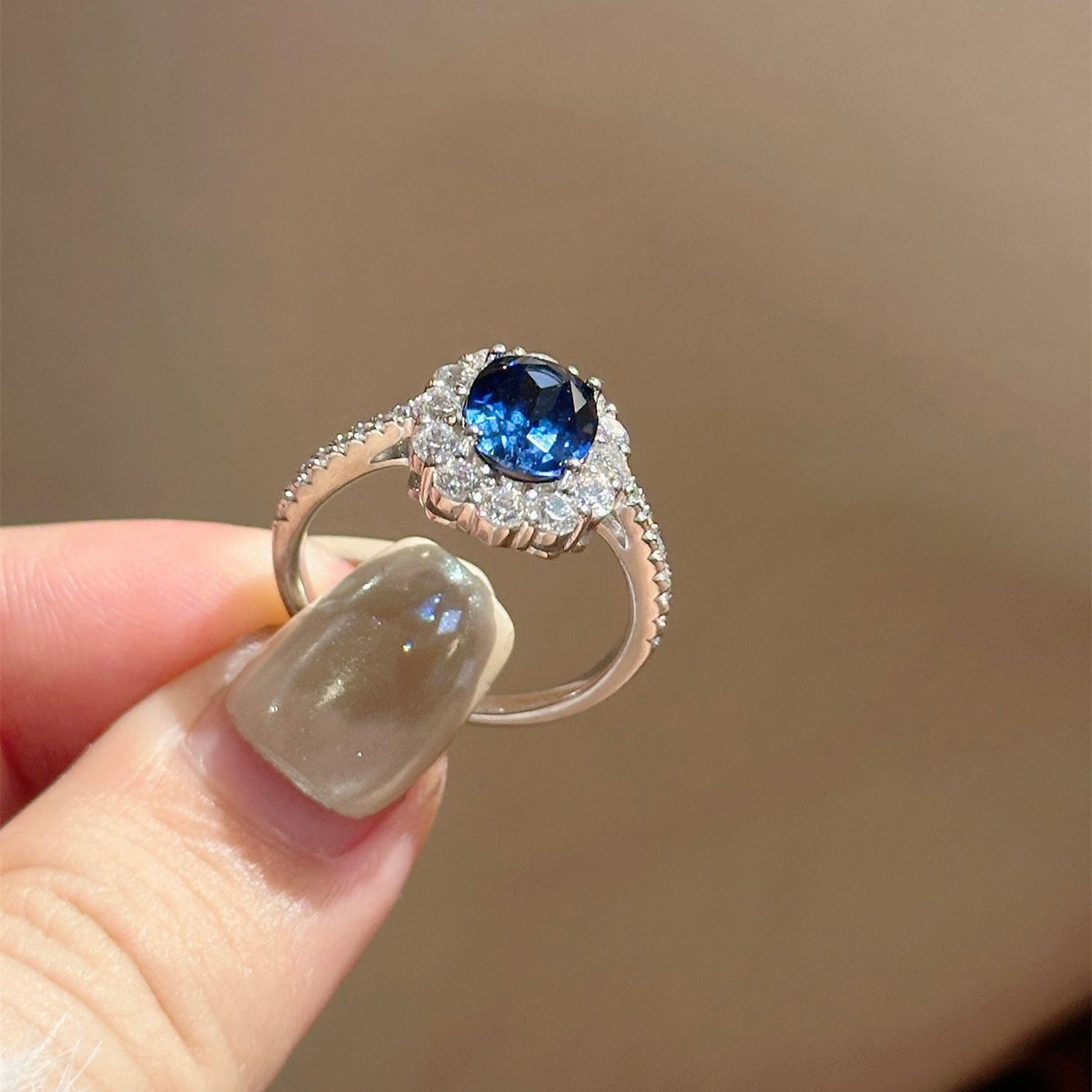 Oval Sapphire Diamond Halo Ring S925