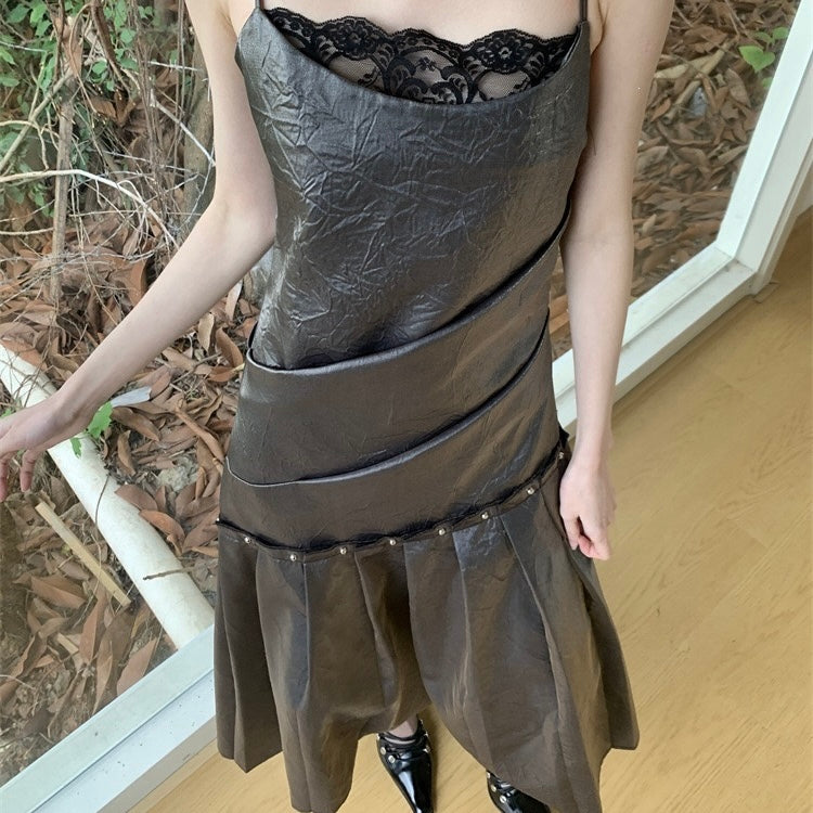 Gothic Charcoal Slip Pleated Long Dress