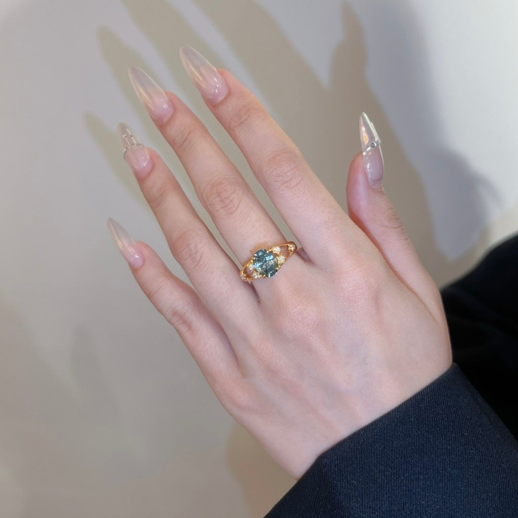 Green Oval Yellow Gold Split Band Ring S925