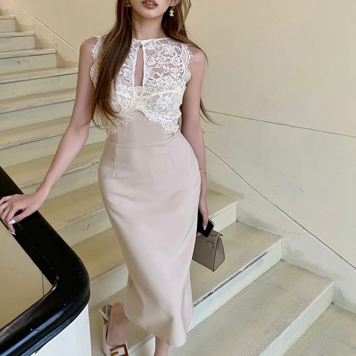 Beige Lace Front Halter Pencil Dress