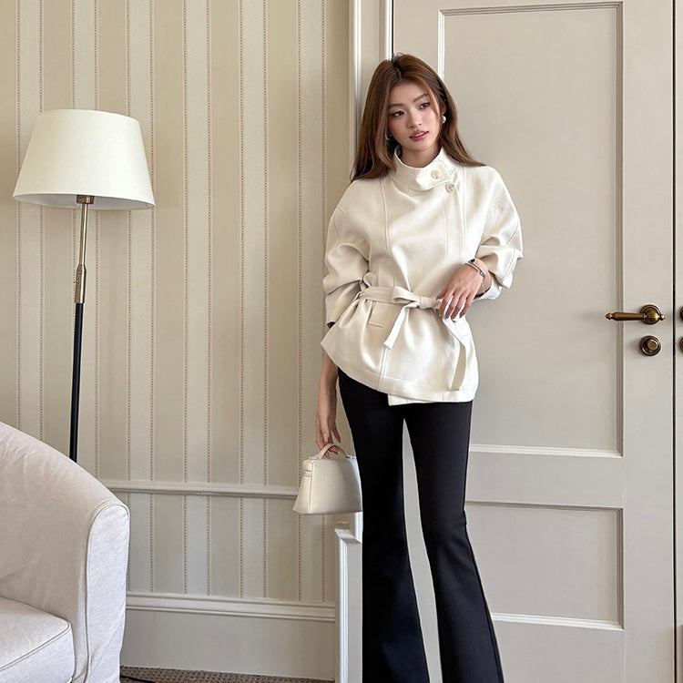 Beige High-Neck Waist Tied Coat