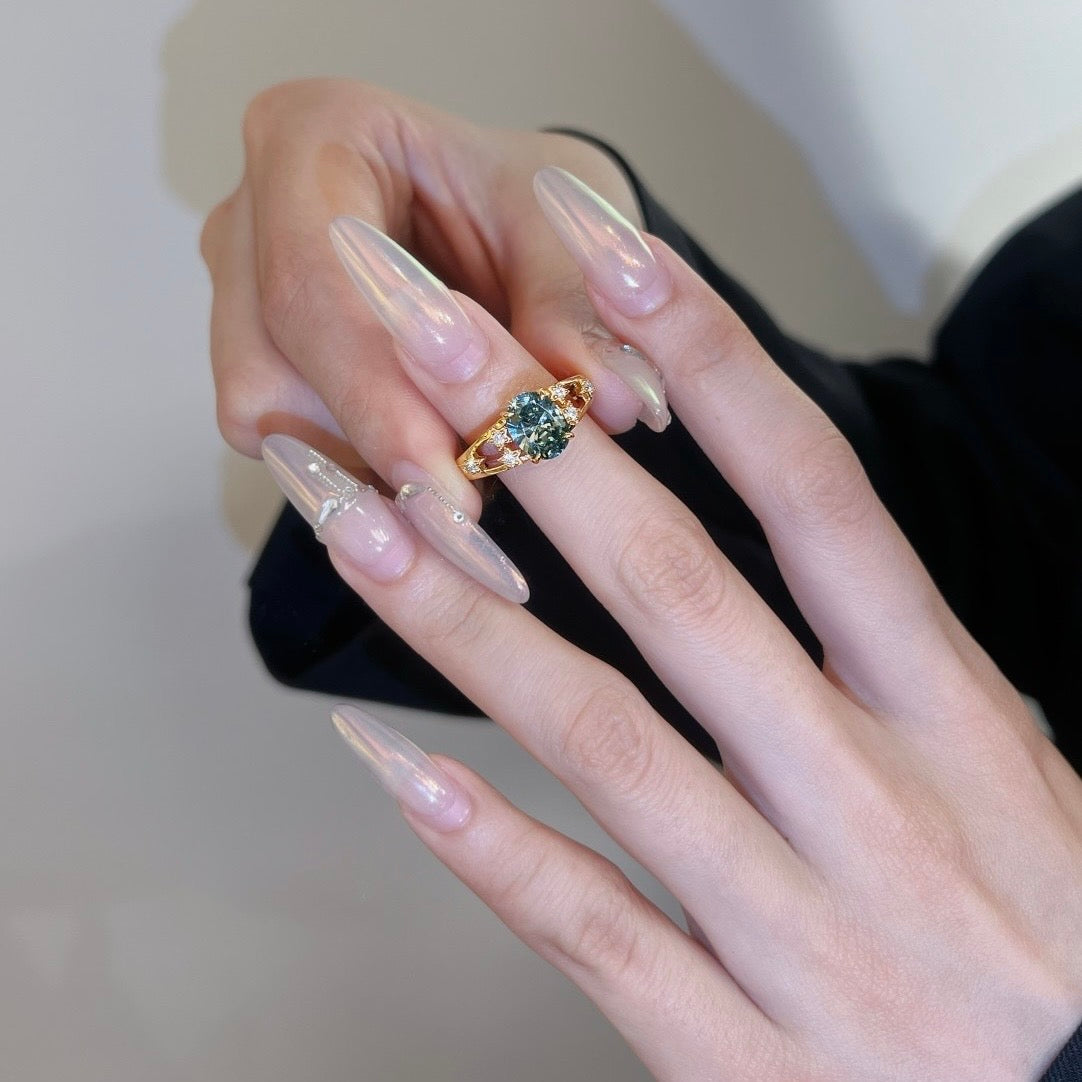 Green Oval Yellow Gold Split Band Ring S925