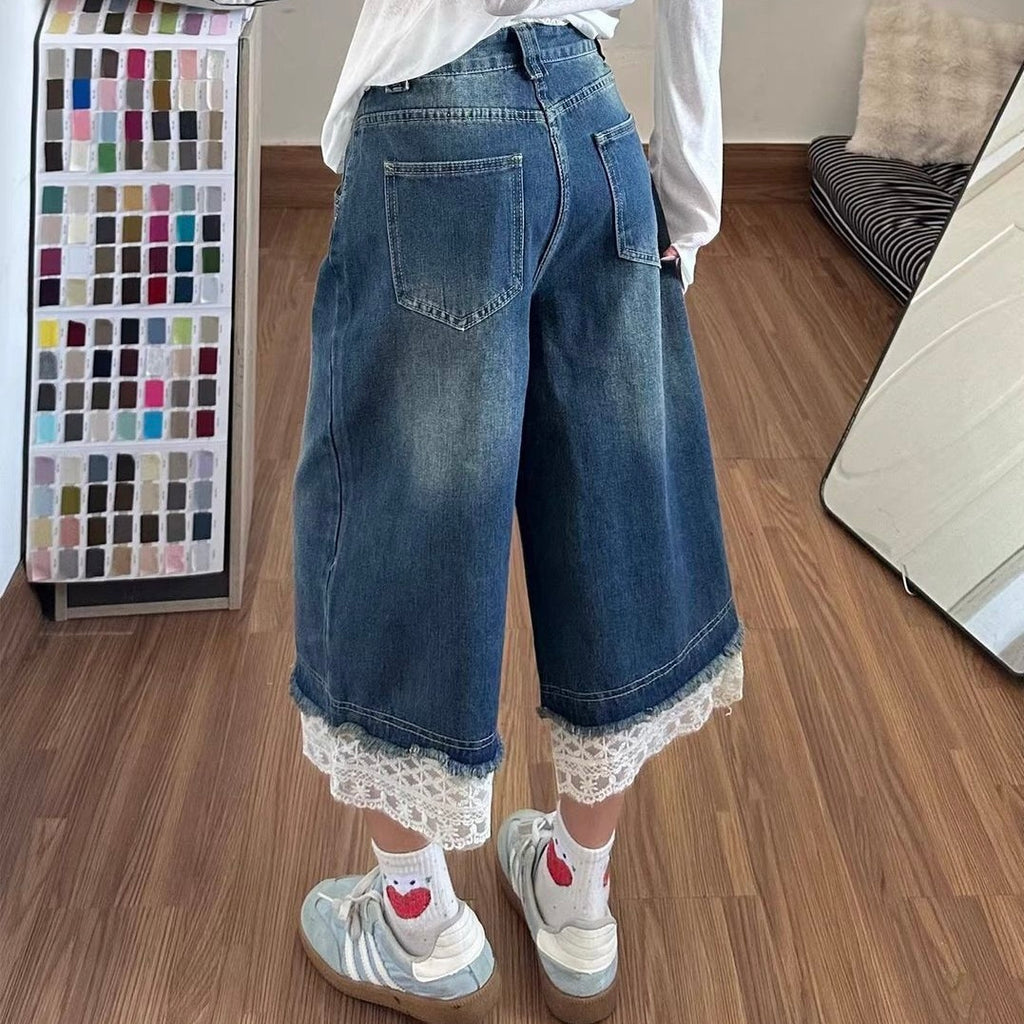 Lace Wide Hem Short Jeans