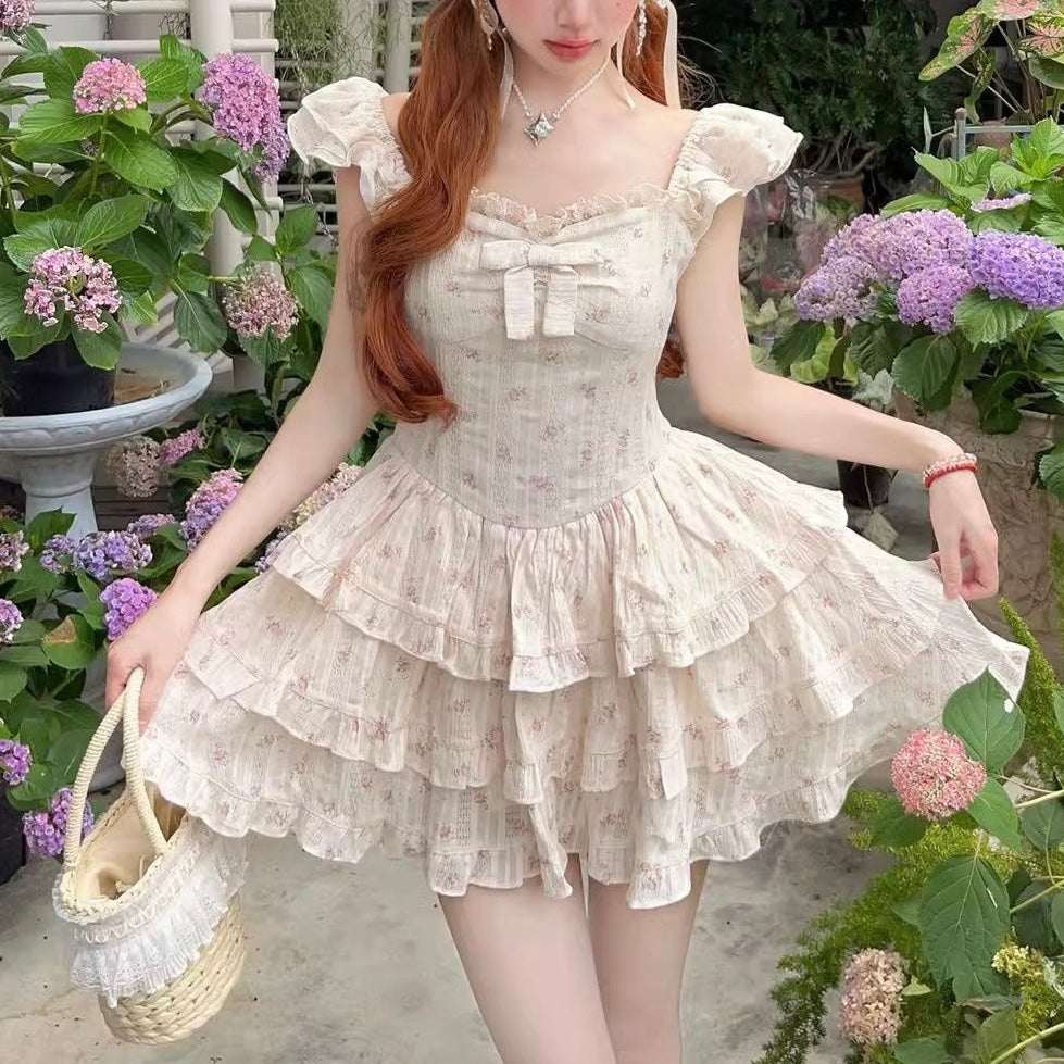 Beige Floral Cascade Ruffle Dress