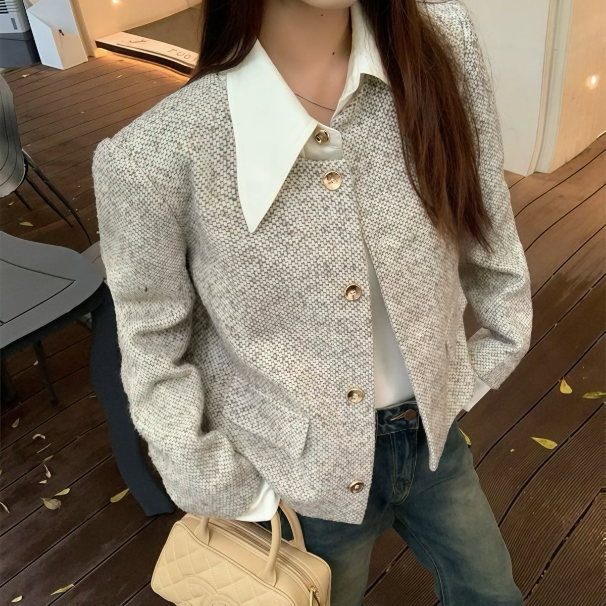 Grey Tweed Gold Button Jacket
