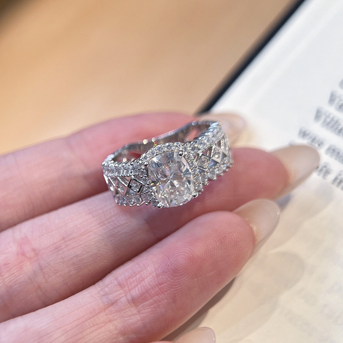 Moissanite 2ct Cushion Cluster Thick Band Ring S925