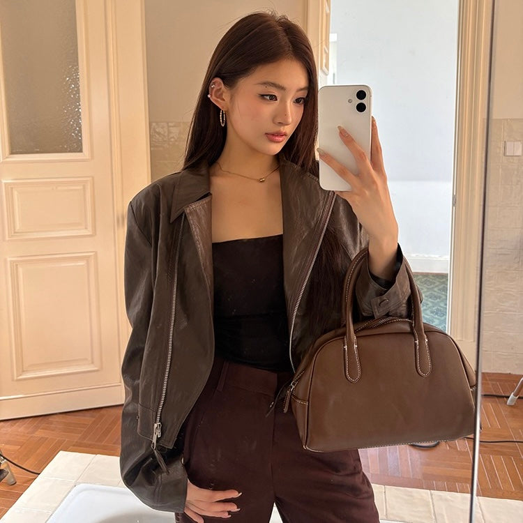 Brown Crop Faux Leather Zip Jacket