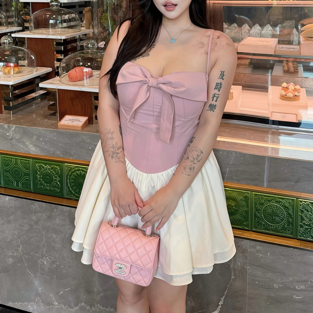 Pink Ribbon Tube White Pleated Dress