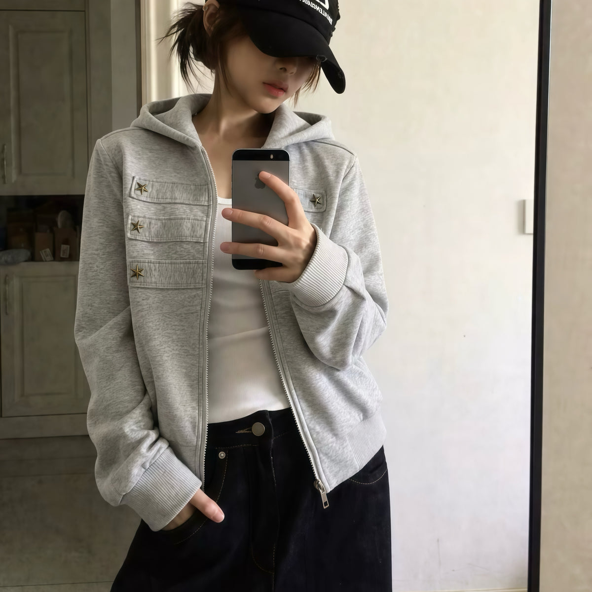 Grey Star Stud Zip Hoodie
