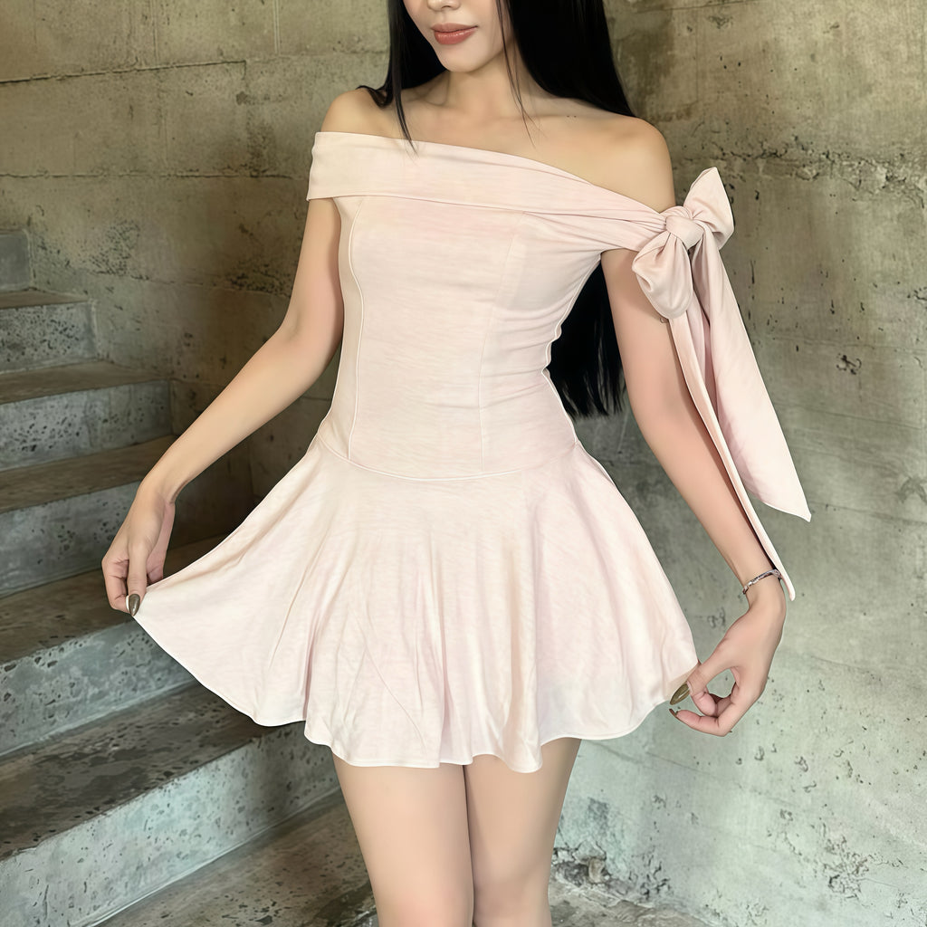 Pale Pink Ribbon Off-Shoulder Dress