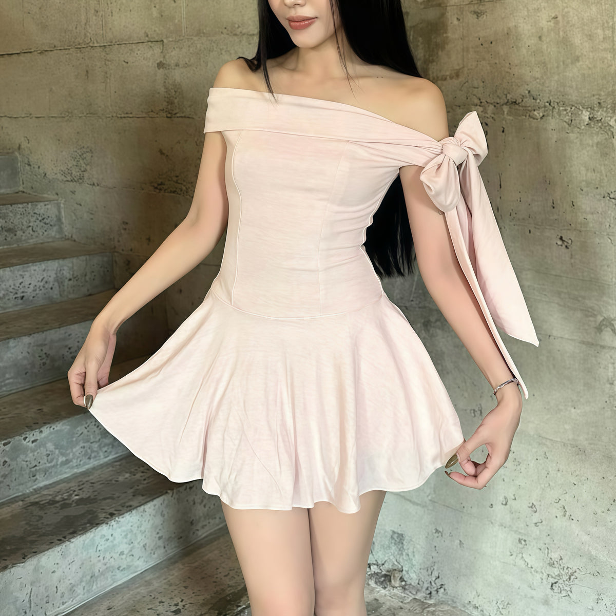 Pale Pink Ribbon Off-Shoulder Dress