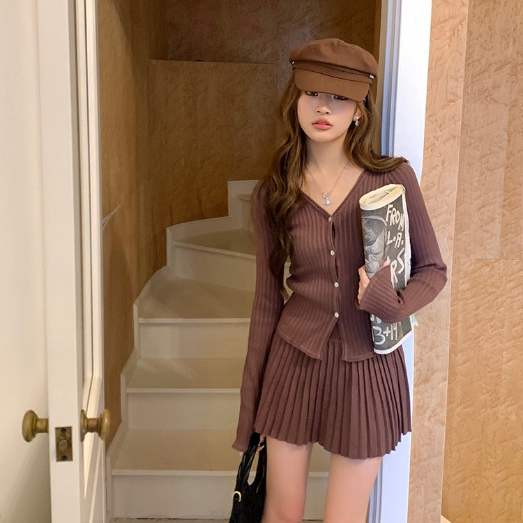 Knit Button-Up Sweater Pleated Skirt Set