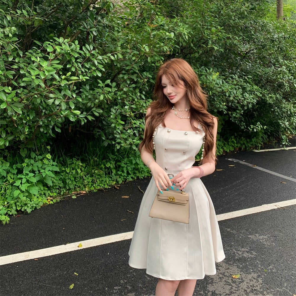 Cream Luxury Golden Button Belt Dress