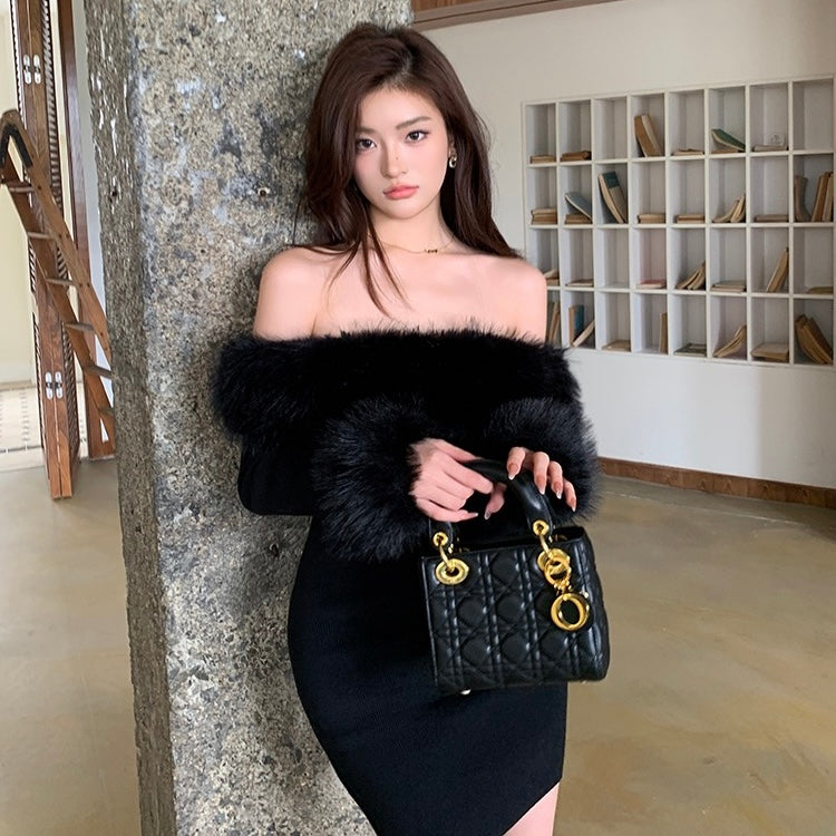 Black Fuzz Neck Sleeve Dress