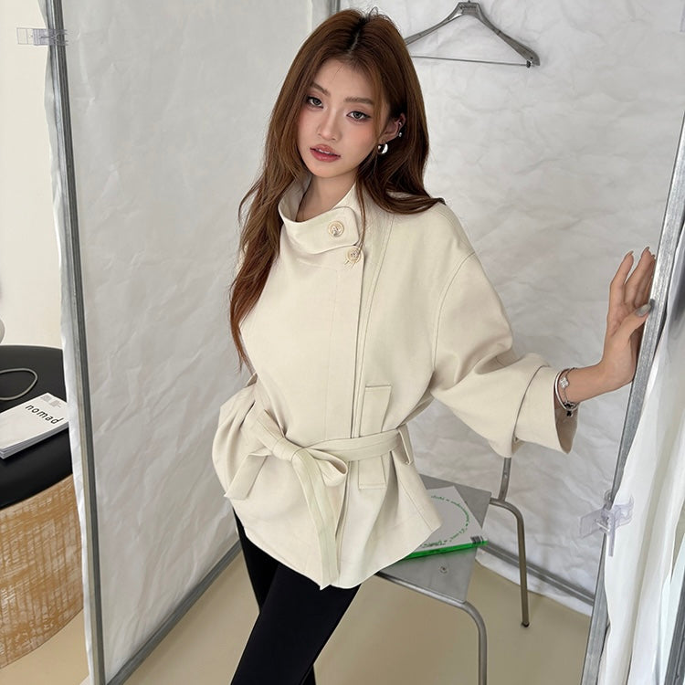 Beige High-Neck Waist Tied Coat