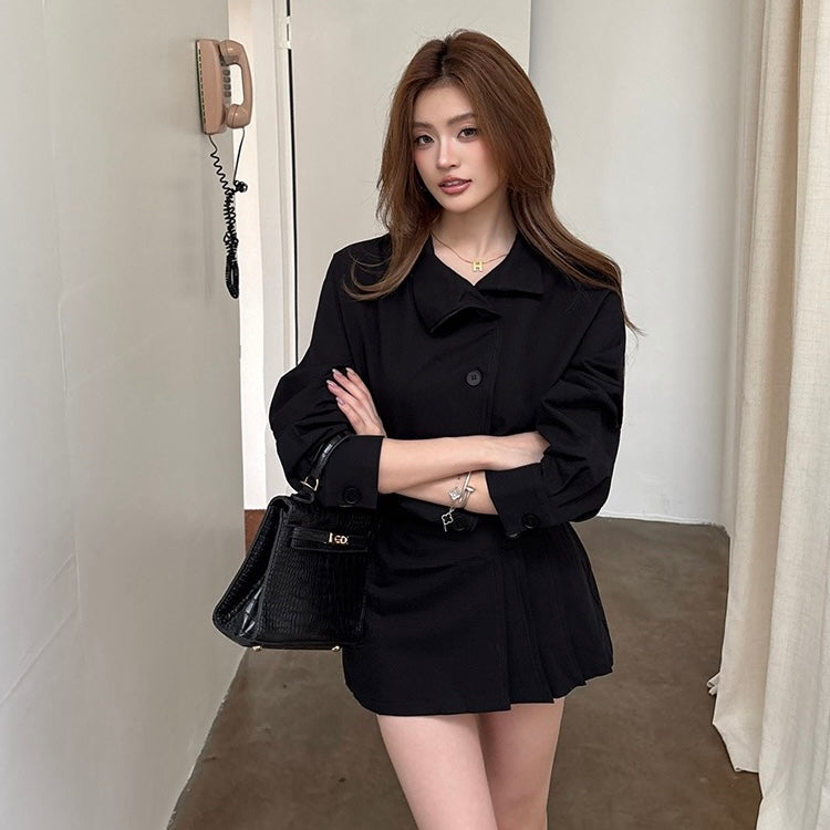 Black Button Long-Sleeve Pleated Dress