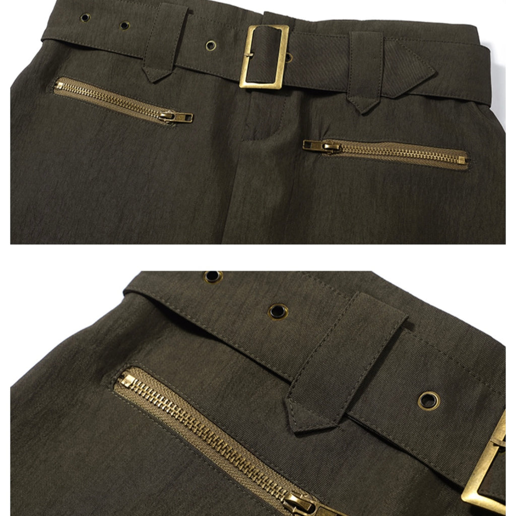 Khaki Buckle Belt Mini Zip Pocket Skirt